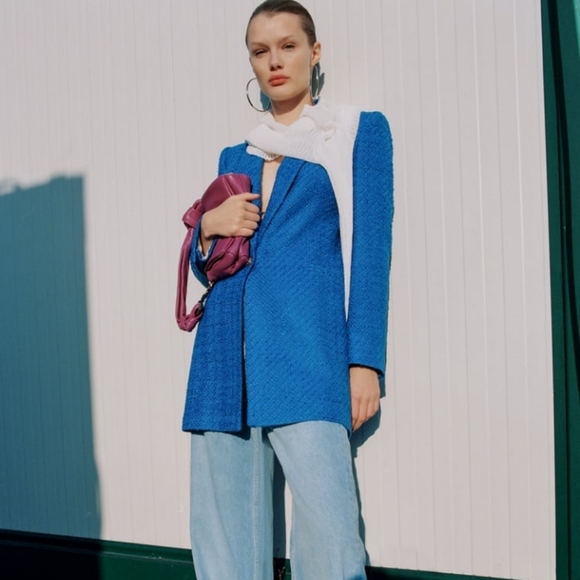 NWT Zara Chanel Style Blue Textured Tweed Long Blazer Coat - Picture 6 of 6